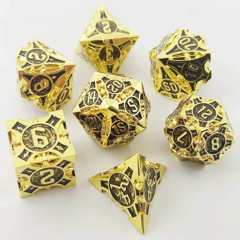 Gold w/black Barbed Strengthened Metal 7-Dice Set | Metal DND Dice - 