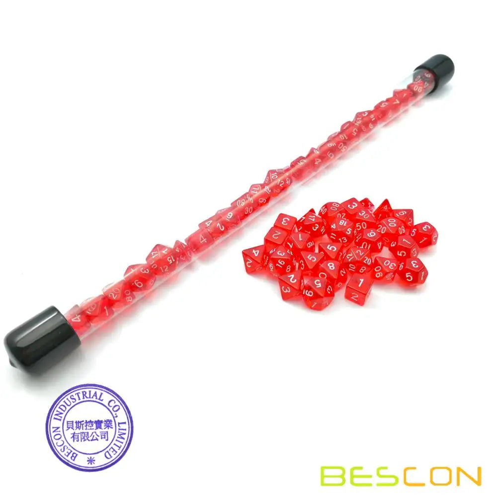 Bescon 28pcs Translucent Red Mini Polyhedral Dice Set in Tube, Mini RPG Ruby Dice 4X7pcs, Mini Ruby Gem Dice Set