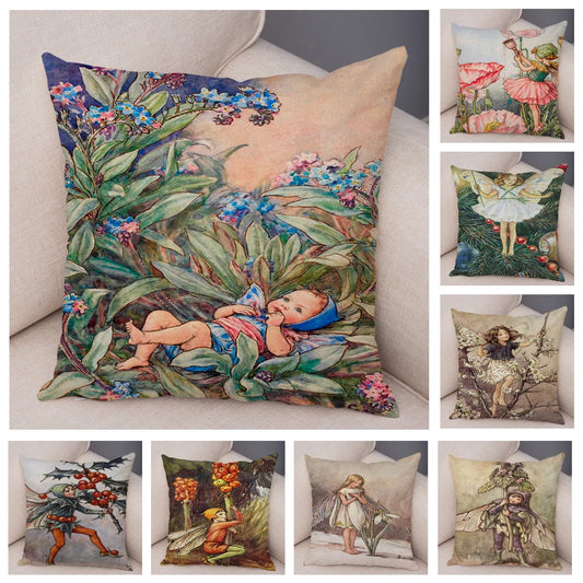 Vintage Cartoon Elves Cushion Cover Decor Colorful Fairy Tale World Pillow Case Short Plush Flower Girl Pillowcase for Sofa Home