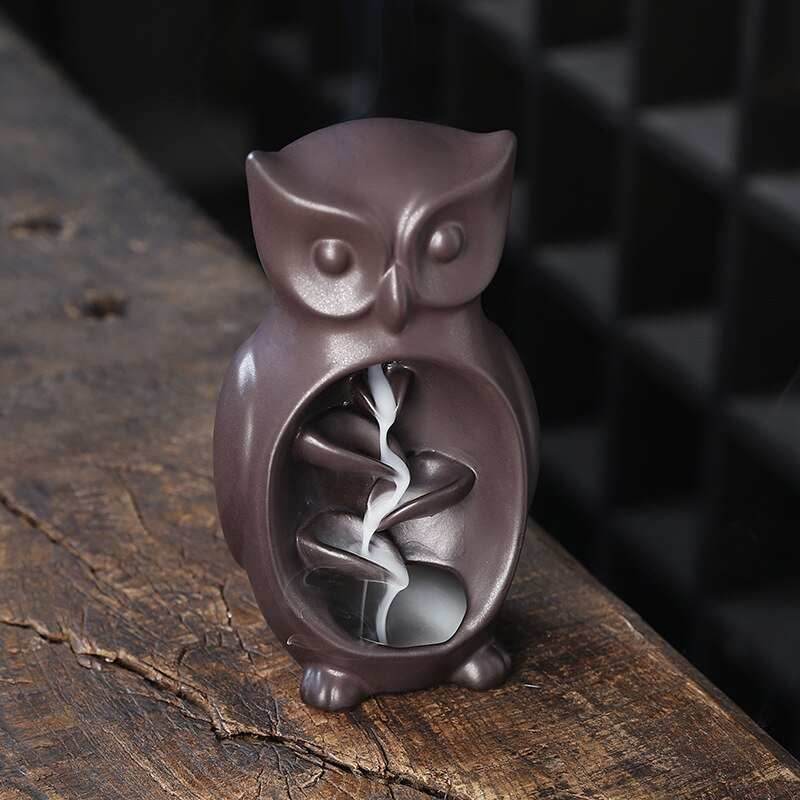 Ceramic Owl Waterfall Animal Backflow Incense Burner - Brown