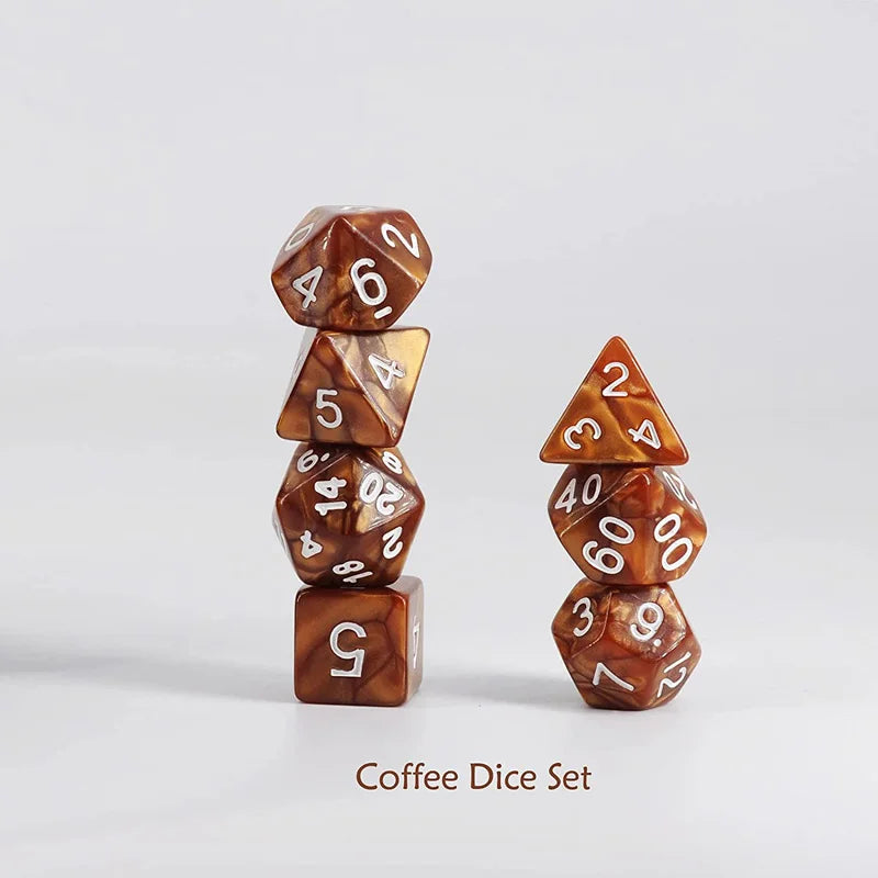 DND Coffee & Sugar Themed Dice Set (14 PCS) with +3 Stamina Potion Silicone Mug, 7 Acrylic Resin Polyhedral Gaming Dice