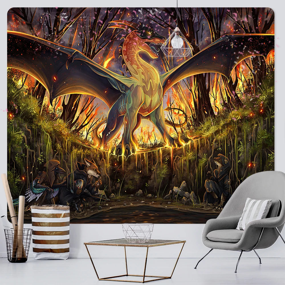 Scène psychédélique de Dragon médiéval antique, décoration de maison, tapisserie artistique Hippie bohème, draps de tapisserie, couverture de canapé