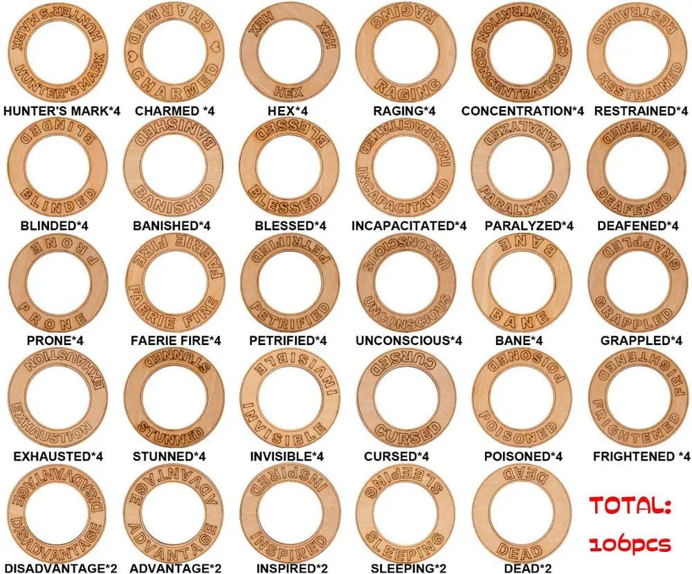 D&D Condition Rings 106 PCS Wooden Status Effect Markers in 29 Conditions Great DM Tool for Dungeons & Dragons