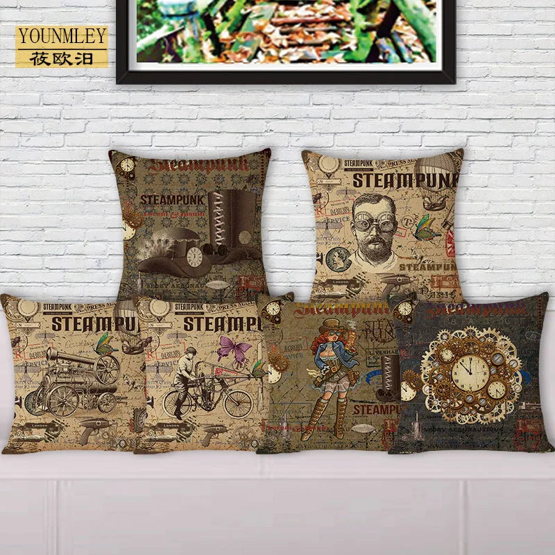 Funda de cojín para sofá acogedora con estampado de patrones steampunk vintage de estilo europeo, almohadas decorativas para el hogar, funda de almohada para cama de 45x45cm J6