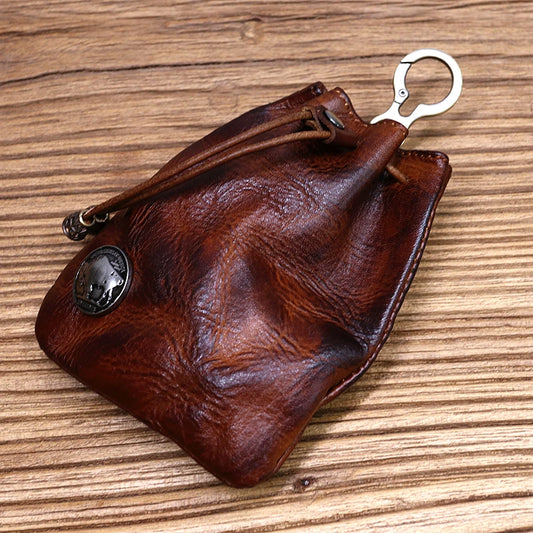 Genuine Leather Coin Purse For Women Men Vintage Handmade Small Drawstring Pocket Storage Bag With Keyring Card Holder Case Male