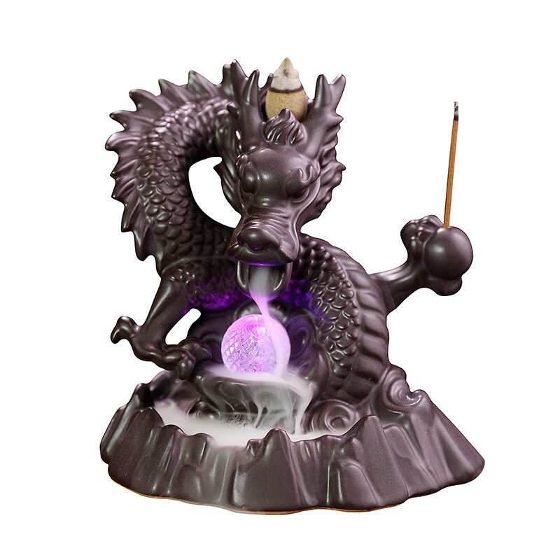 Ceramic Dragon Backflow Incense Burner With Crystal and Stick Holder - 