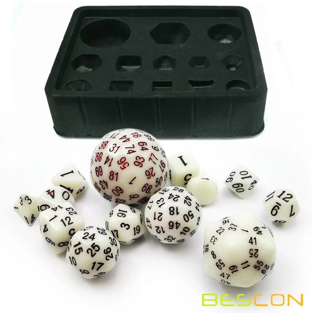 Bescon Super Glowing in Dark Complete Polyhedral RPG Dice Set 13pcs D3-D100, Luminous 100 Sides Dice set