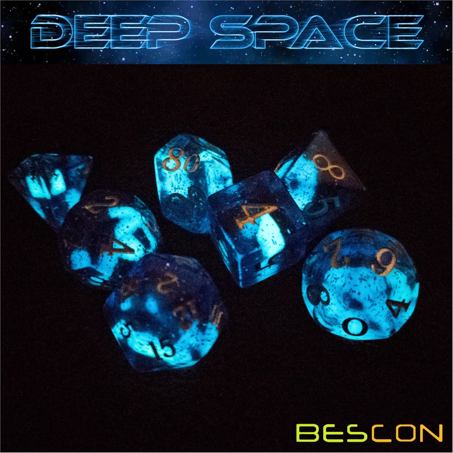Bescon Super Glow in the Dark Glitter Polyhedral Dice Set DEEP SPACE, Luminous RPG Dice Set,Glowing Novelty DND Game Dice