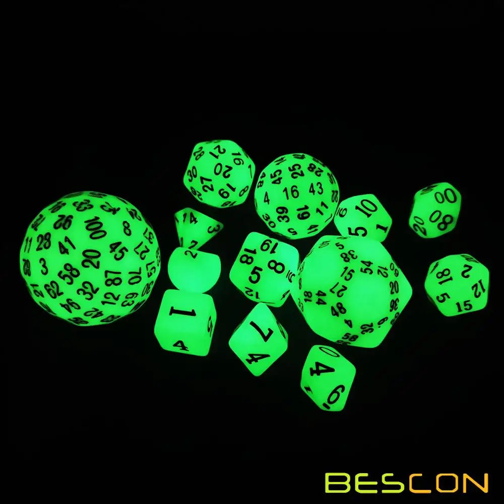 Bescon Super brillant dans l'obscurité ensemble complet de dés RPG polyédriques 13 pièces D3-D100, jeu de dés lumineux 100 côtés