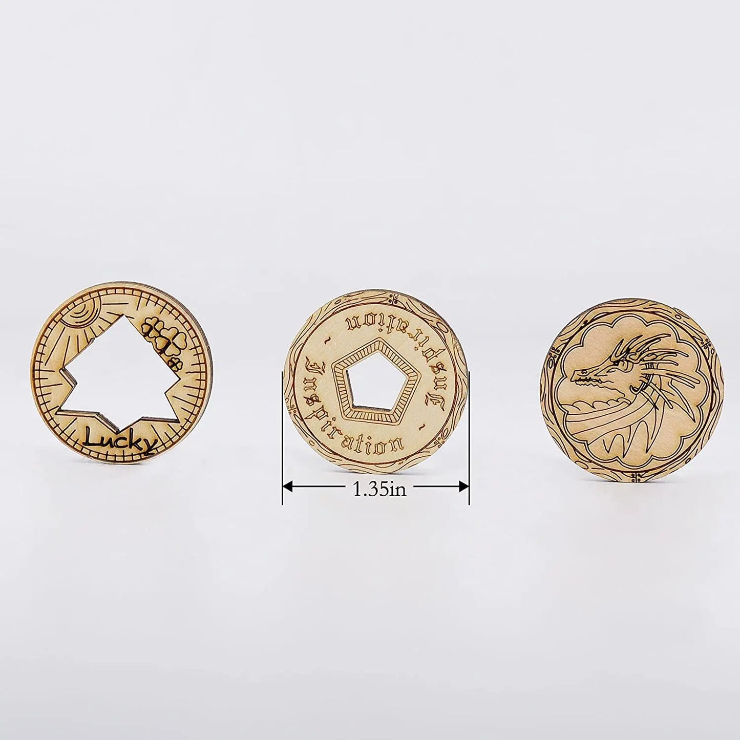 D&D Inspiration Coin Tokens Laser Cut Wood Carved with Dragon & Ship Rudder (Set of 9) Board Games for Adults