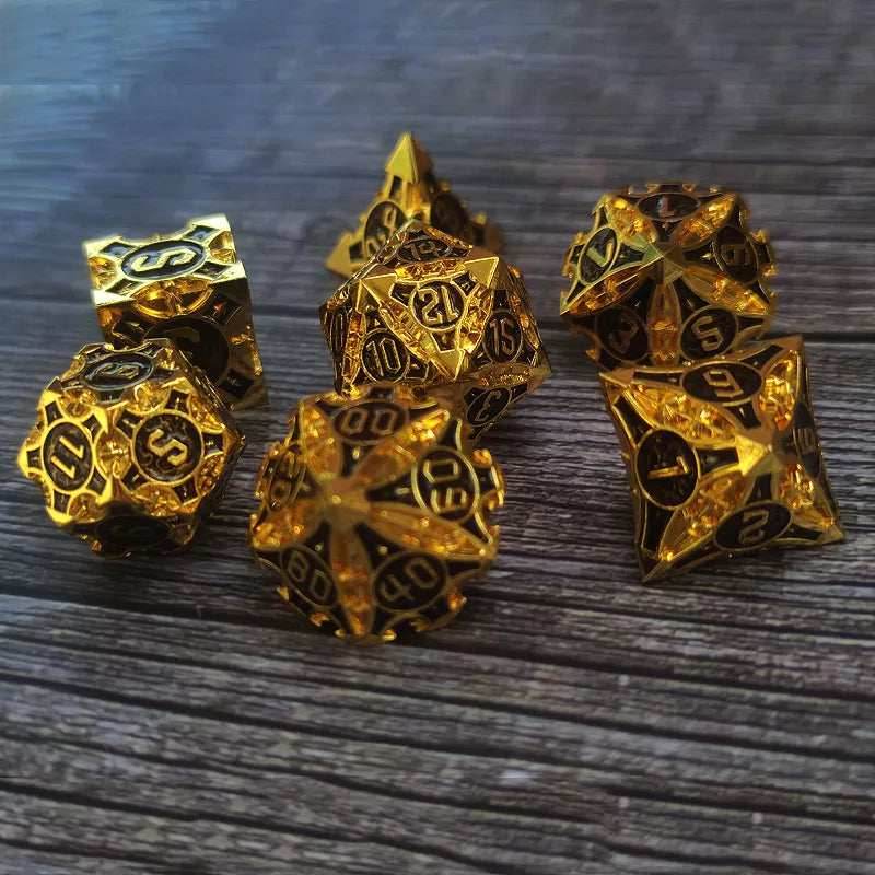 Gold w/black Barbed Strengthened Metal 7-Dice Set | Metal DND Dice - 