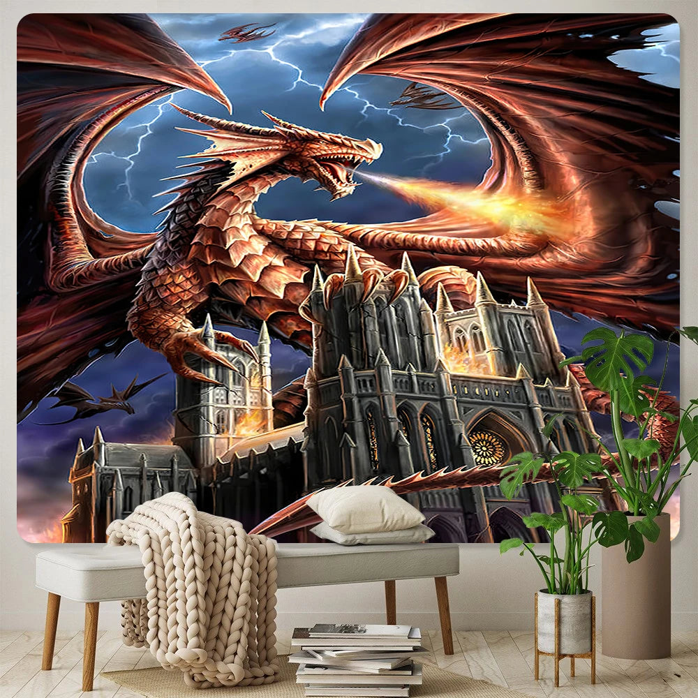 Scène psychédélique de Dragon médiéval antique, décoration de maison, tapisserie artistique Hippie bohème, draps de tapisserie, couverture de canapé