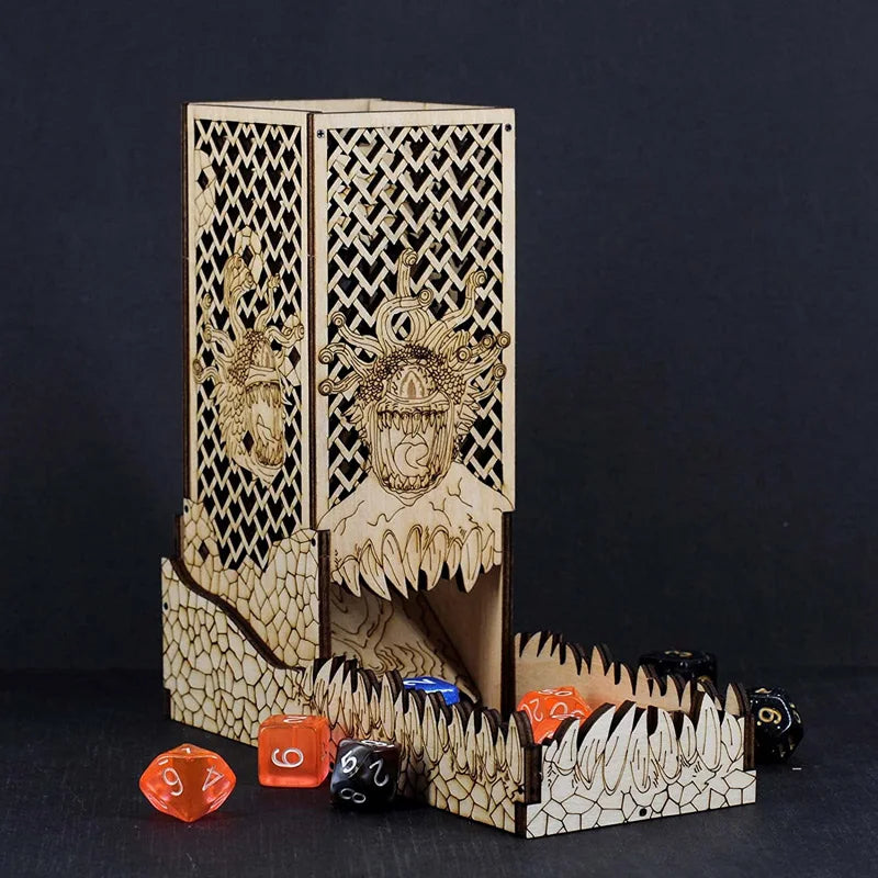 DnD Dice Tower with Tray Wood Laser Etched Beholder Portable and Collapsible Dice Roller