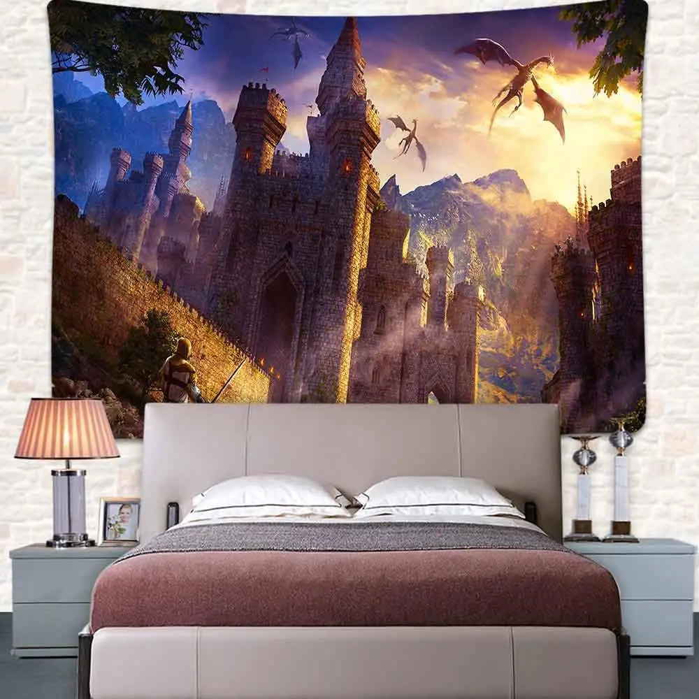 Tapisserie murale suspendue de château de Dragon médiéval fantaisie, décor de dortoir d'université, chambre à coucher, salon