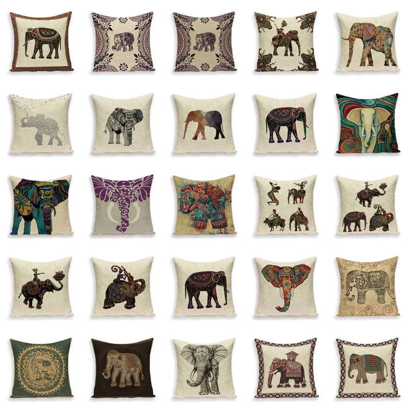 Funda de cojín encantadora de la India, fundas de almohada étnicas de elefante marroquí para coche, fundas de almohada de lino para sofá, fundas de almohada de animales Woondecoratie