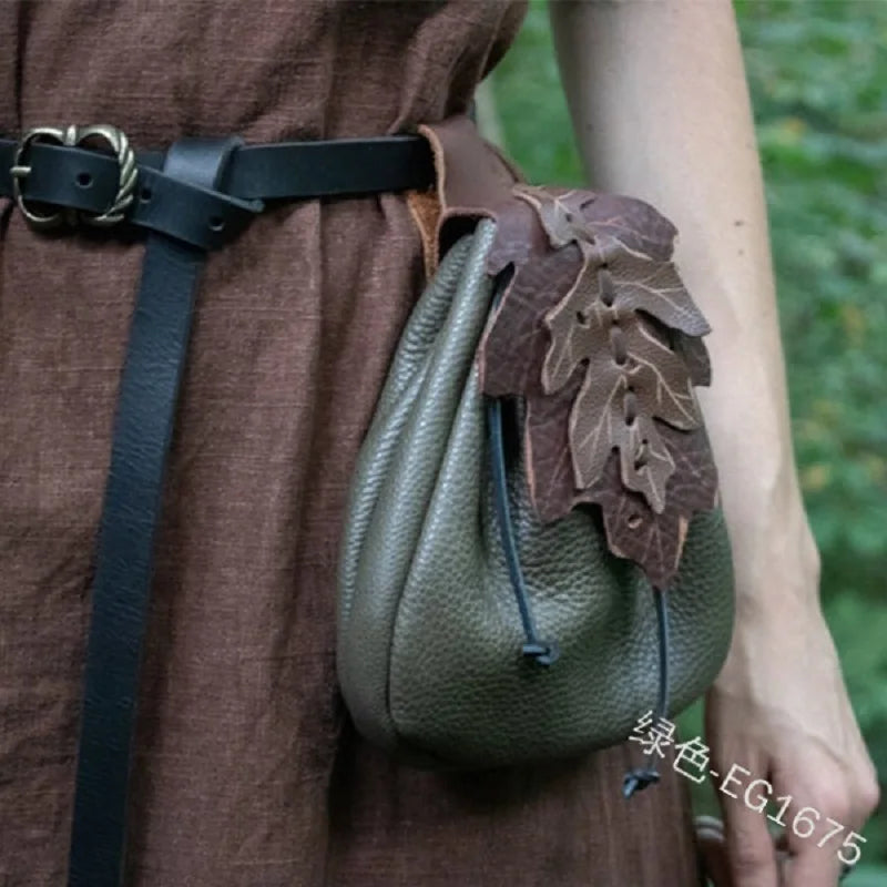 Sac de ceinture en cuir à motif de feuilles pour femmes, sac de ceinture médiéval européen, sac de poche Vintage Pixie Elf Viking, accessoire de Costume