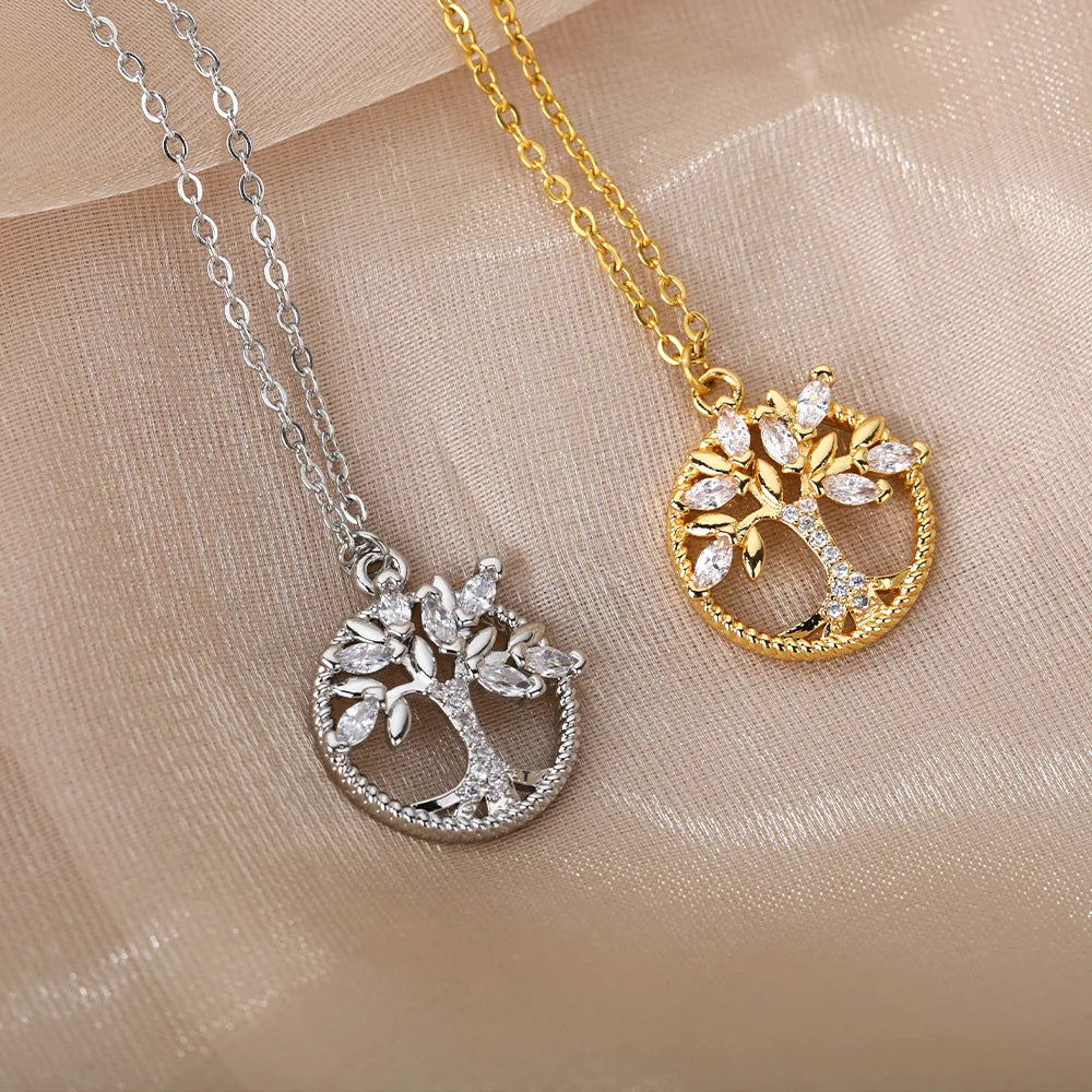 Zircon Tree of Life Round Pendant Necklaces For Women Stainless Steel Chain Choker Rhinestone Collar Jewelry Gift Femme