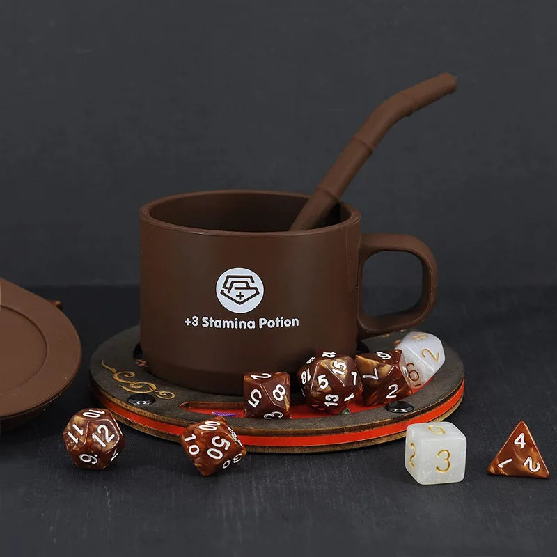 DND Coffee & Sugar Themed Dice Set (14 PCS) with +3 Stamina Potion Silicone Mug, 7 Acrylic Resin Polyhedral Gaming Dice