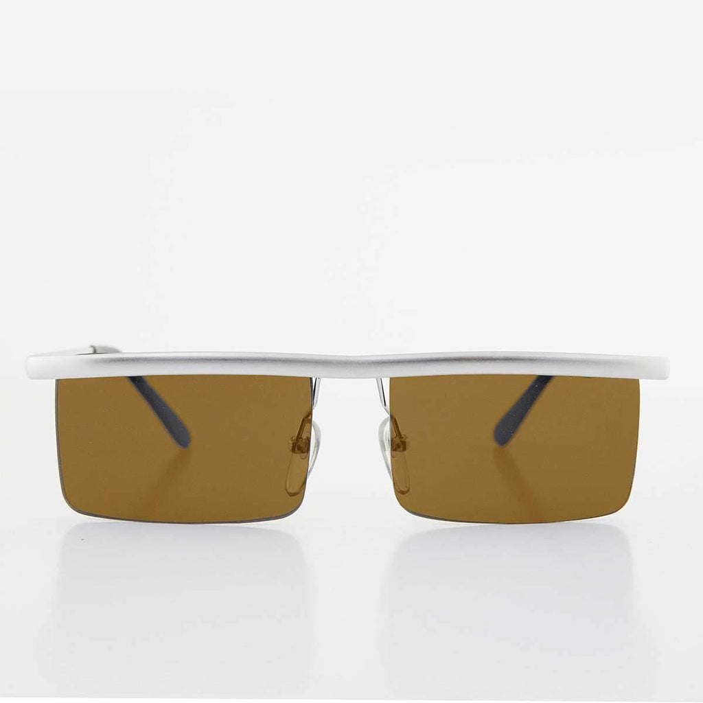 Futuristic Metal Rectangular Rimless Steampunk Vintage Sunglass - Hans - Silver / Brown Lens