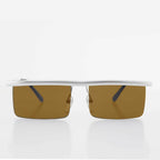 Futuristic Metal Rectangular Rimless Steampunk Vintage Sunglass - Hans - Silver / Brown Lens