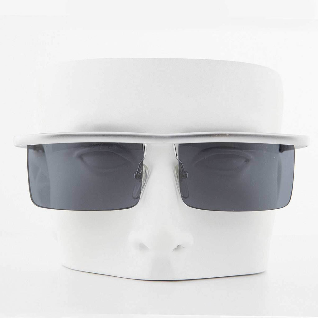 Futuristic Metal Rectangular Rimless Steampunk Vintage Sunglass - Hans - Silver / Brown Lens