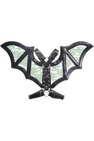 Black/Green Faux Leather & Lace Wing Harness
