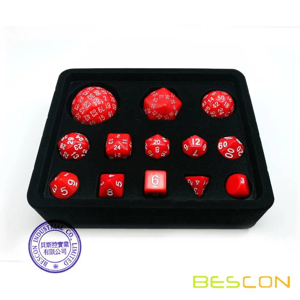 Bescon jeu de dés polyédriques complet 13 pièces D3-D100, jeu de dés 100 côtés rouge opaque