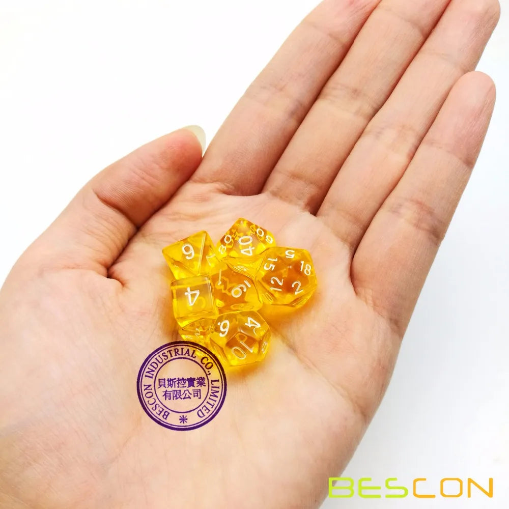 Bescon Mini jeu de dés RPG polyédriques translucides 10MM, petit jeu de dés de jeu de rôle RPG D4-D20 en tube, jaune Transparent