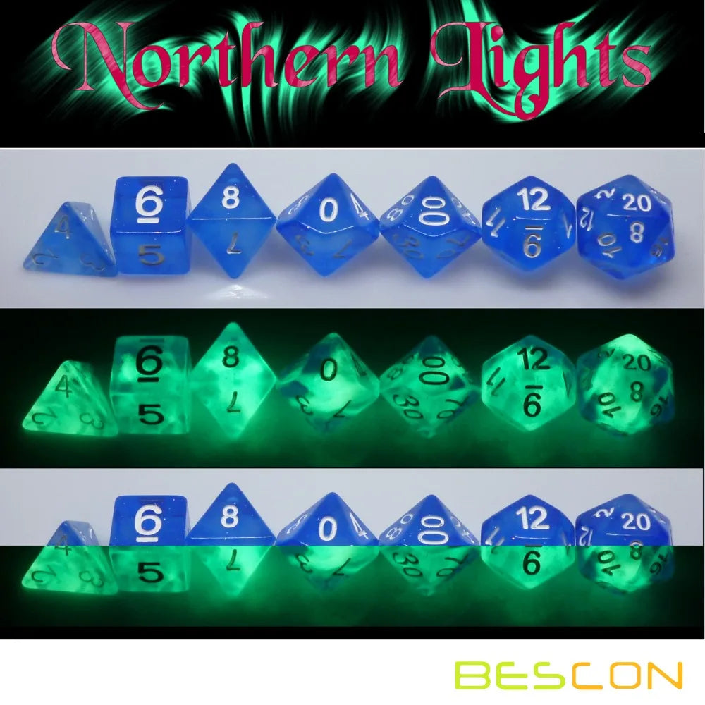 Bescon Super Glow en la nebulosa oscura Glitter Polyhedral Dice Set NORTHERN LIGHT, Juego de dados RPG luminoso, Dados DND de novedad brillante