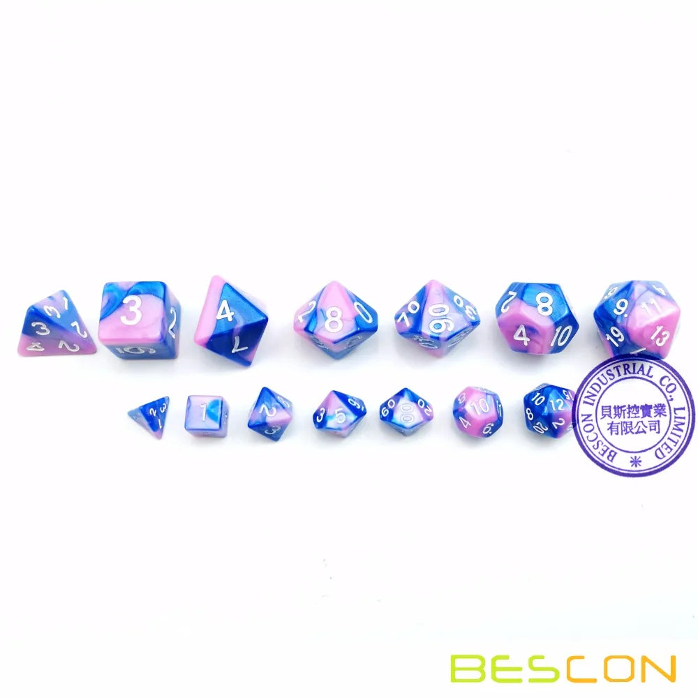 Bescon Mini Gemini Jeu de dés RPG polyédriques bicolores 10 mm, petit mini jeu de rôle RPG D4-D20 en tube, couleur Myosotis