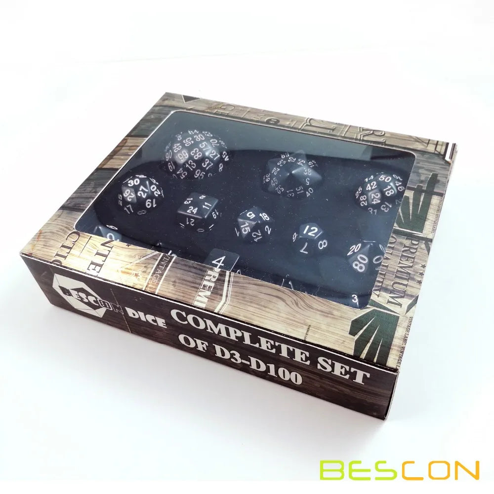 Bescon jeu de dés polyédriques complet 13 pièces D3-D100, jeu de dés 100 côtés noir opaque