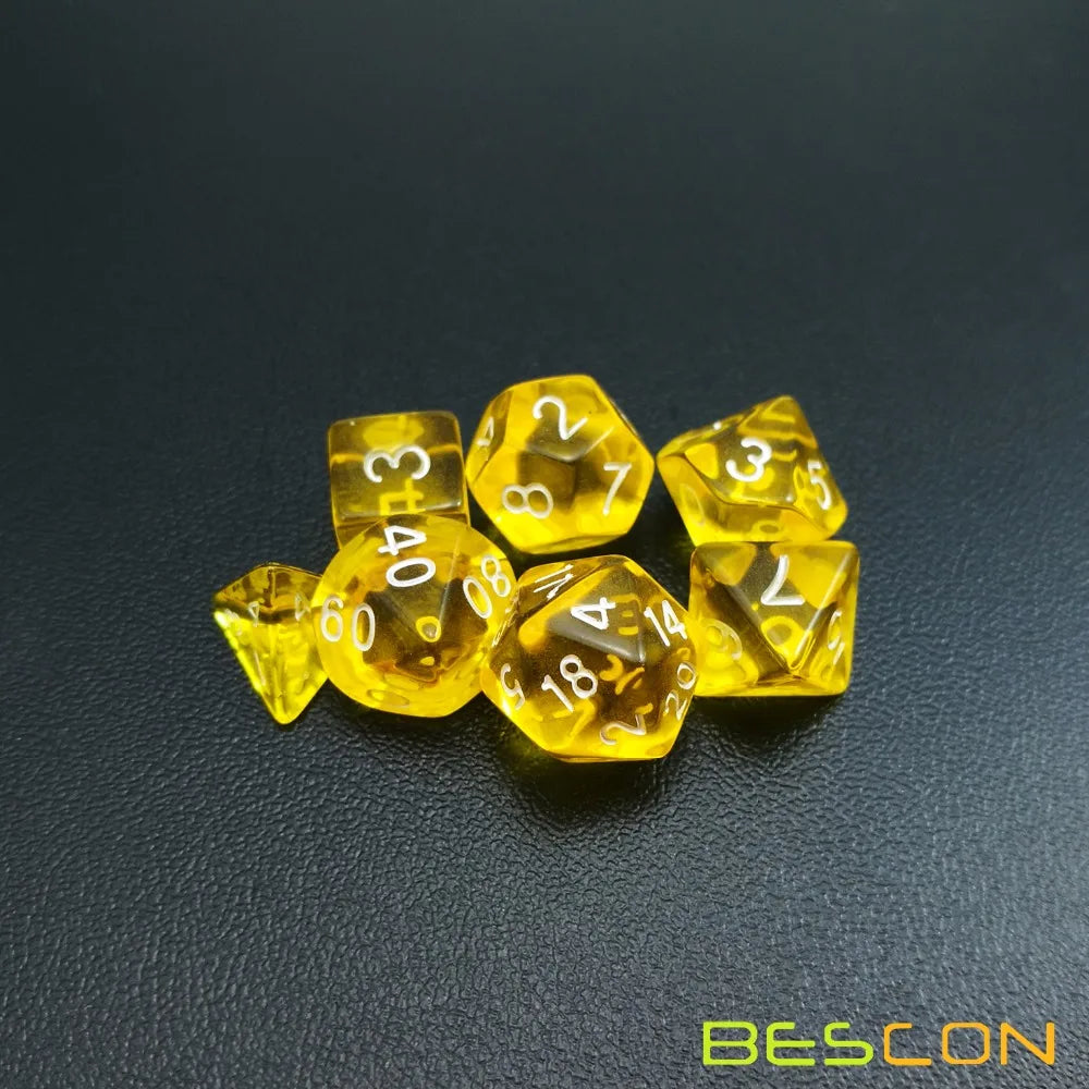 Bescon Mini juego de dados RPG poliédricos translúcidos de 10 mm, juego de dados de juego de rol RPG pequeño D4-D20 en tubo, amarillo transparente