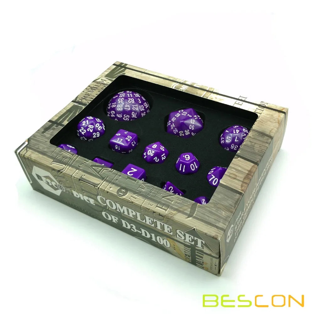 Bescon Complete Polyhedral RPG Dice Set 13pcs D3-D100, 100 Sides Dice Set Solid Purple