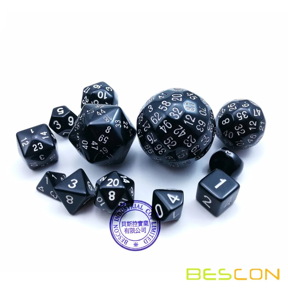Bescon jeu de dés polyédriques complet 13 pièces D3-D100, jeu de dés 100 côtés noir opaque