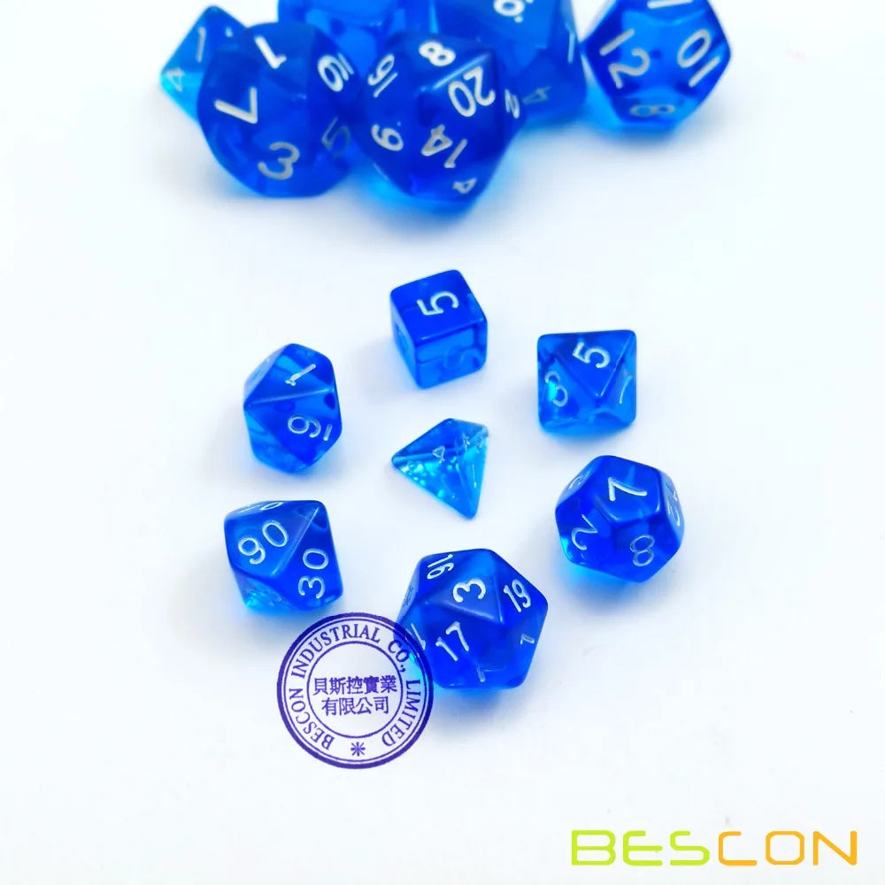 Bescon Mini jeu de dés RPG polyédriques translucides 10MM, petit jeu de dés de jeu de rôle RPG D4-D20 en tube, bleu Transparent