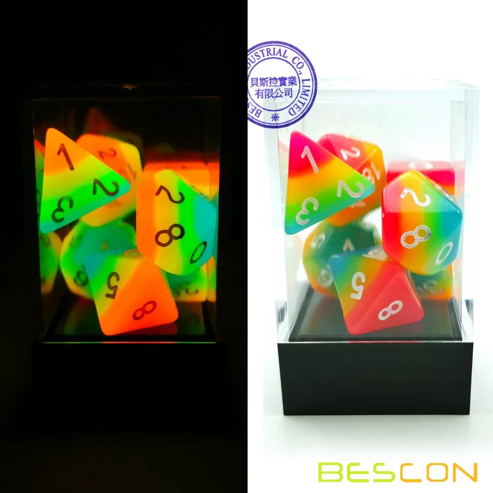 Bescon Fantasy Rainbow-dados poliédricos brillantes, juego de 7 Uds., caramelo de medianoche, juego de dados RPG luminosos que brillan en la oscuridad, dados de juego DND novedosos