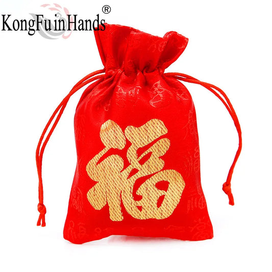 Bolsas de joyería, pequeño accesorio, embalaje de exhibición, bolsa con cordón de tela, rojo, Vintage, chino, palabra de la suerte, bolsa FU, bolsas para monedas