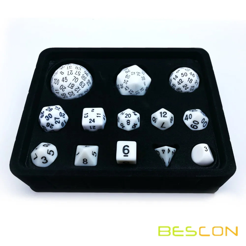 Bescon Juego completo de dados poliédricos 13 piezas D3-D100, juego de dados de 100 lados blanco opaco