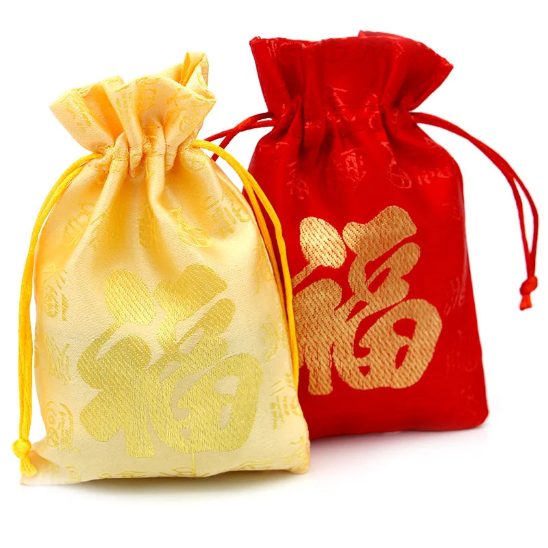 Bolsas de joyería, pequeño accesorio, embalaje de exhibición, bolsa con cordón de tela, rojo, Vintage, chino, palabra de la suerte, bolsa FU, bolsas para monedas