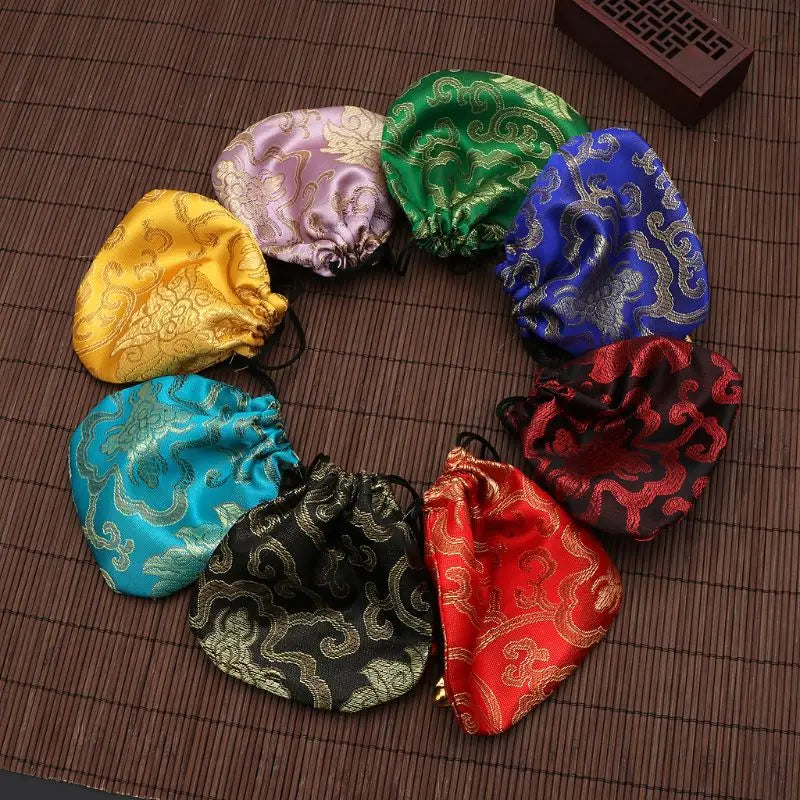 High Quality Silk Travel Pouch Floral Jewelery Bag Packaging Trendy Exquisite Quartet Silk Brocade Tassel Handbags Jewelry Tips