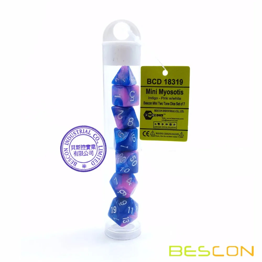 Bescon Mini Gemini Jeu de dés RPG polyédriques bicolores 10 mm, petit mini jeu de rôle RPG D4-D20 en tube, couleur Myosotis