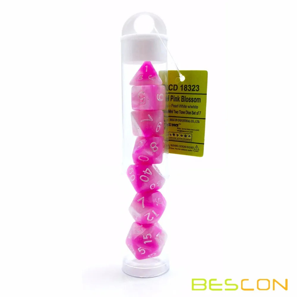 Bescon Mini Gemini Jeu de dés RPG polyédriques bicolores 10 mm, petit jeu de rôle Mini RPG D4-D20 en tube, fleur rose
