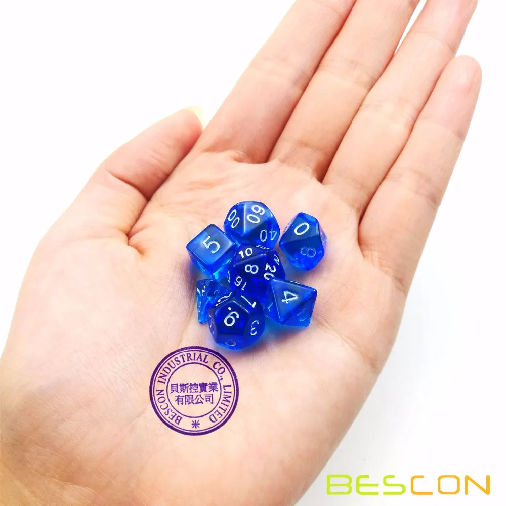 Bescon Mini jeu de dés RPG polyédriques translucides 10MM, petit jeu de dés de jeu de rôle RPG D4-D20 en tube, bleu Transparent