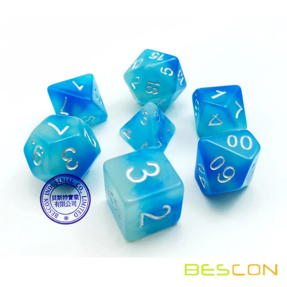 Bescon Gemini Glowing Polyhedral Dice 7pcs Set ICY ROCKS, Luminous RPG Dice Set d4 d6 d8 d10 d12 d20 d%, Brick Box Packaging