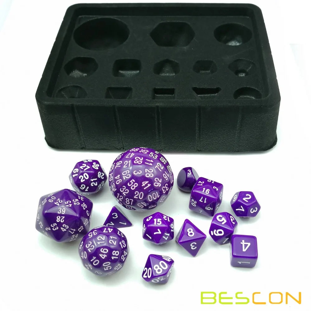 Bescon jeu de dés RPG polyédrique complet 13 pièces D3-D100, jeu de dés 100 côtés violet massif