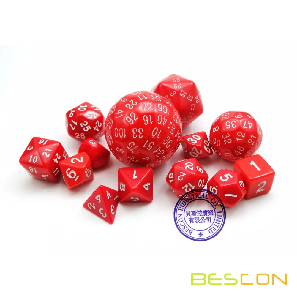 Bescon Juego completo de dados poliédricos 13 piezas D3-D100, juego de dados de 100 lados rojo opaco