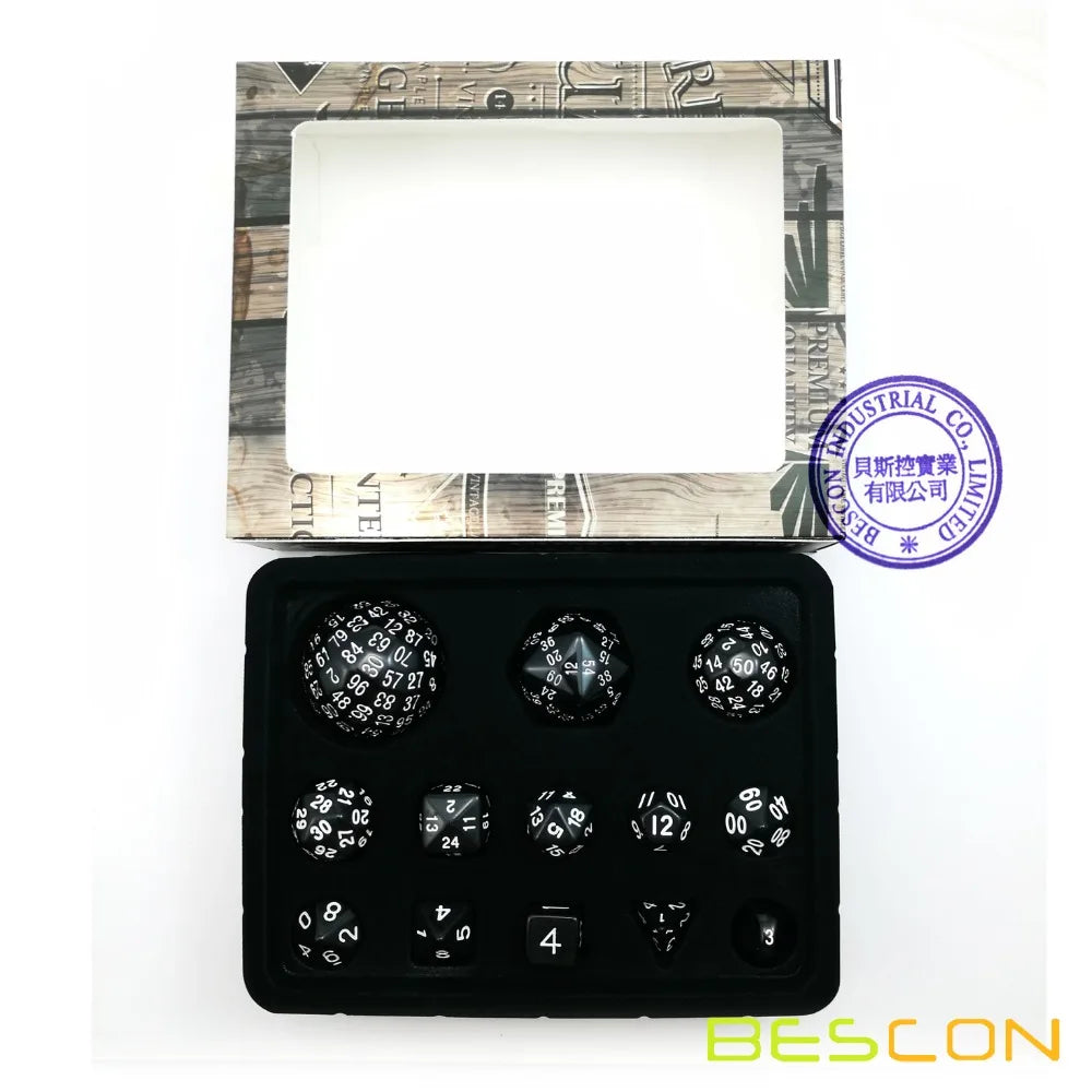 Bescon Juego completo de dados poliédricos 13 piezas D3-D100, juego de dados de 100 lados negro opaco