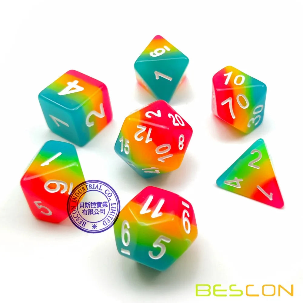 Bescon Fantasy Rainbow Glowing Polyhedral Dice 7pcs Set MIDNIGHT CANDY, Luminous RPG Dice Set Glow in Dark,Novelty DND Game Dice