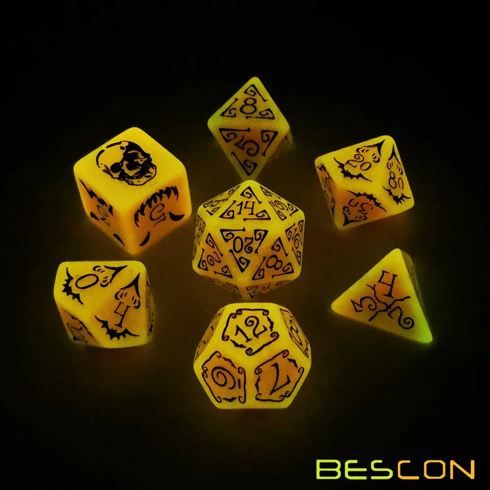 Bescon Glowing Halloween Polyhedral Dice 7pcs Set, Luminous Halloween RPG Dice Set, Glow in Dark Halloween DND Game Dice