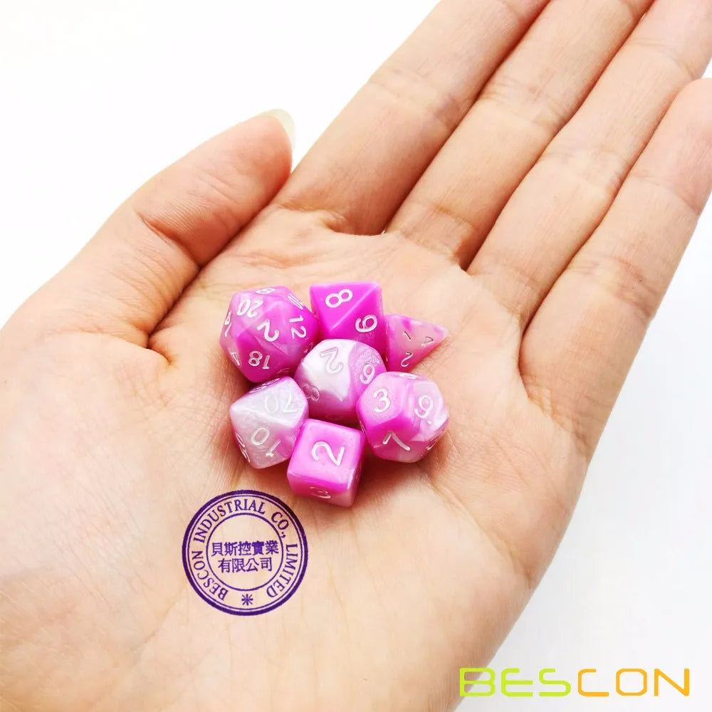 Bescon Mini Gemini Jeu de dés RPG polyédriques bicolores 10 mm, petit jeu de rôle Mini RPG D4-D20 en tube, fleur rose